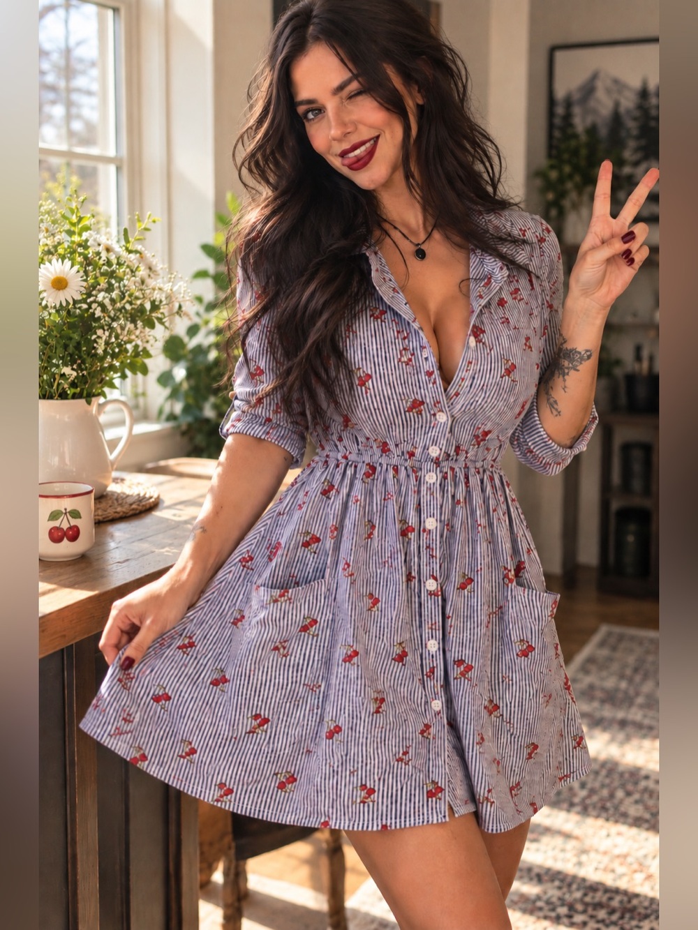 Monteau Los Angeles | Blue Pinstripes | 🍒 Cherry Button-Front | Mini Dress | S